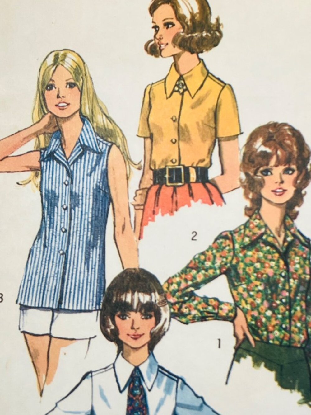 70s Simplicity 5022 Size 16 B38 Button Front Collared Blouses Shirts and Tie FF